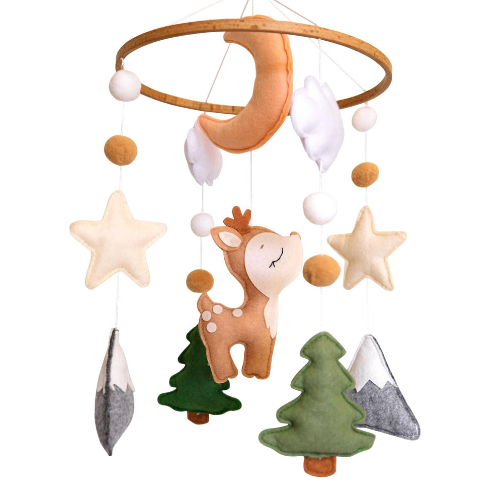 Sweety Baby Woodland Mobile with deer and moon supports visual tracking for newborns.