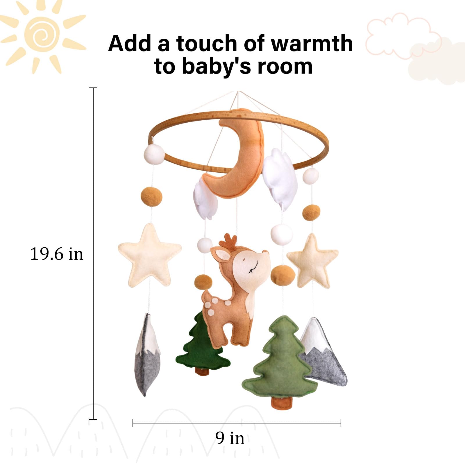 Sweety Baby Woodland Mobile handcrafted felt pieces are lightweight and safe.