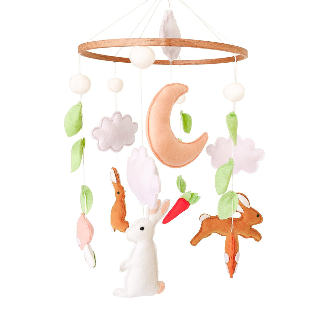 Sweety Baby woodland crib mobile with rabbits and moon for visual tracking and soothing ambience.