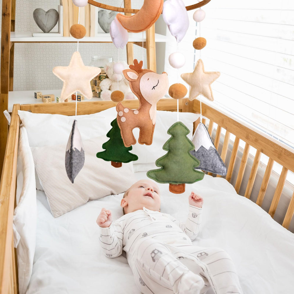 Sweety Baby Woodland Mobile wooden hoop highlights handcrafted design and safety.