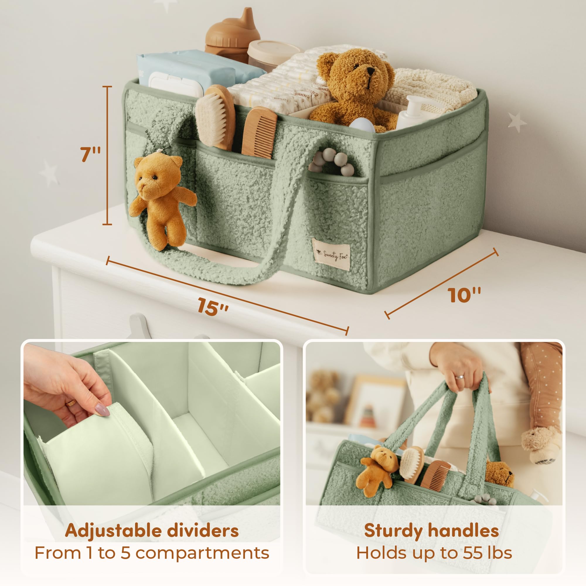 Sweety Fox car diaper organizer in green keeps essentials within reach.