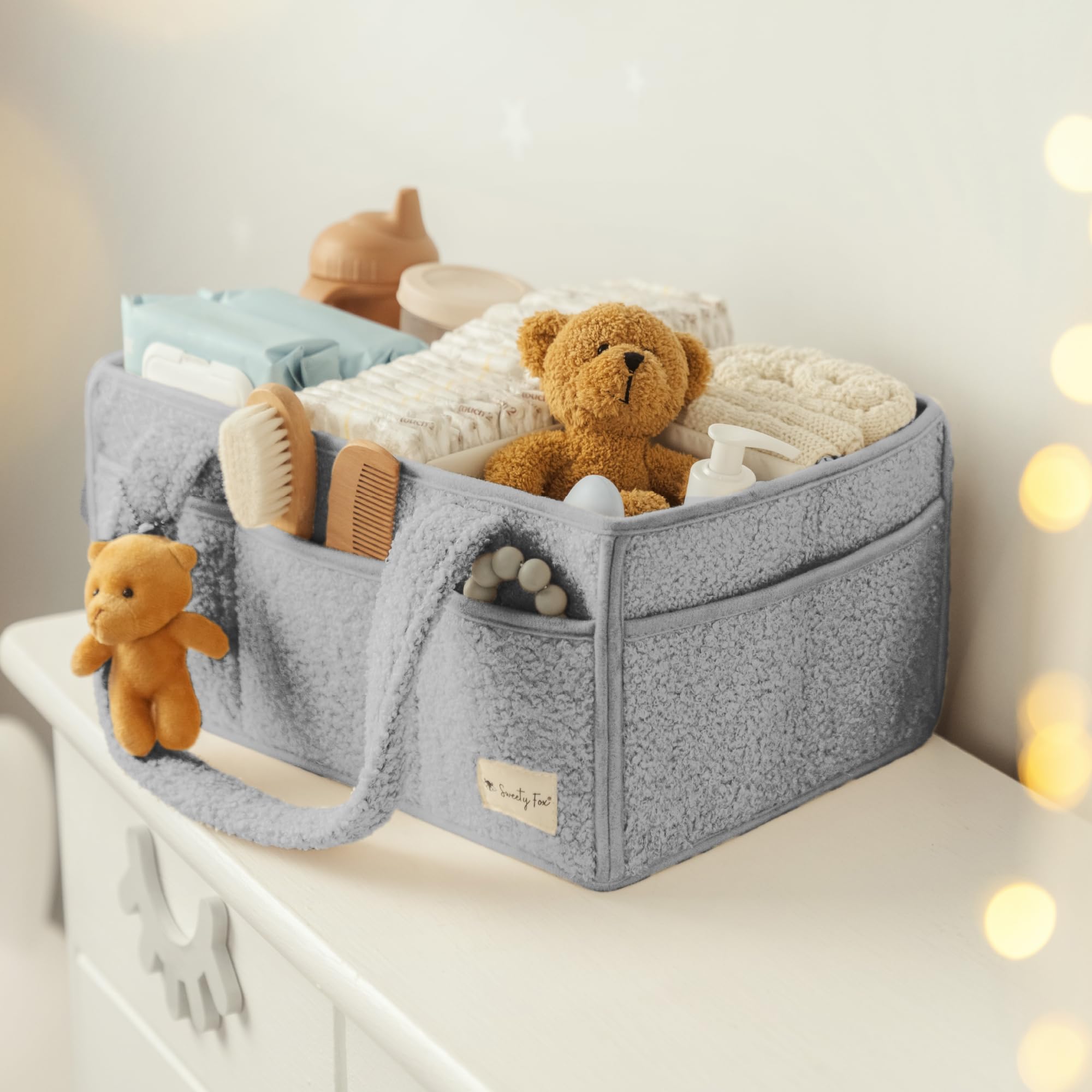 Sweety Fox car organizer image illustrates on-the-go diaper storage.