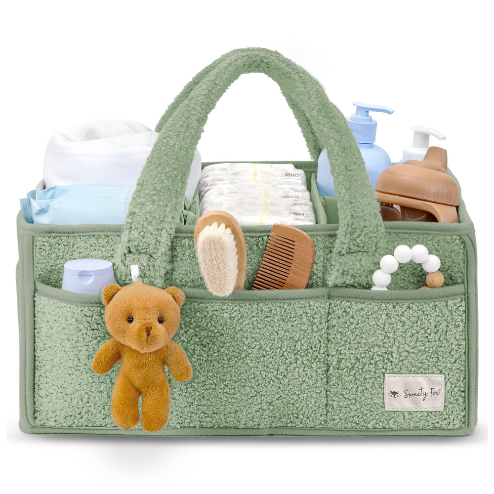 Sweety Fox diaper caddy with handle in green, portable nursery storage.