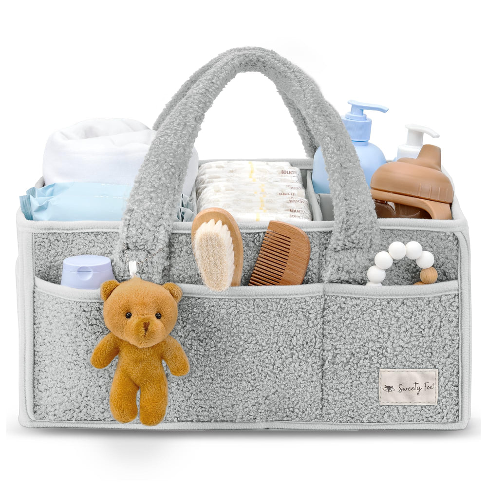 Sweety Fox diaper caddy with handle demonstrates portable storage for busy nurseries.
