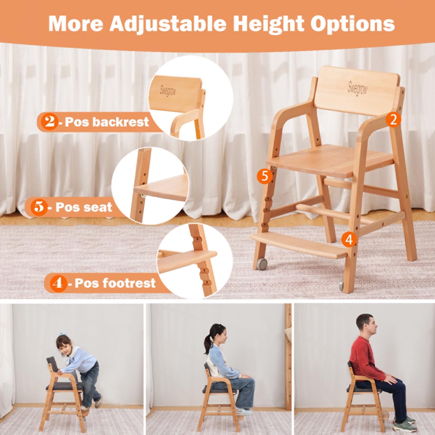 Swegrow adjustable footrest supports growing legs for proper seating.