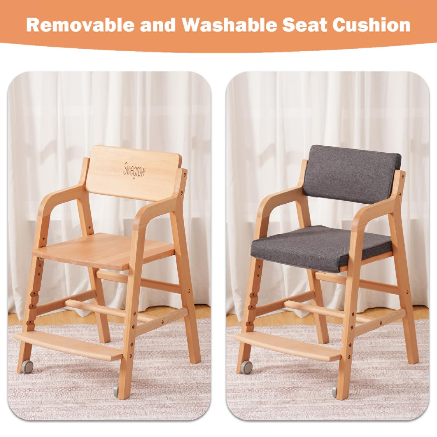 Swegrow adjustable seat adjusts to different table heights for versatile dining.