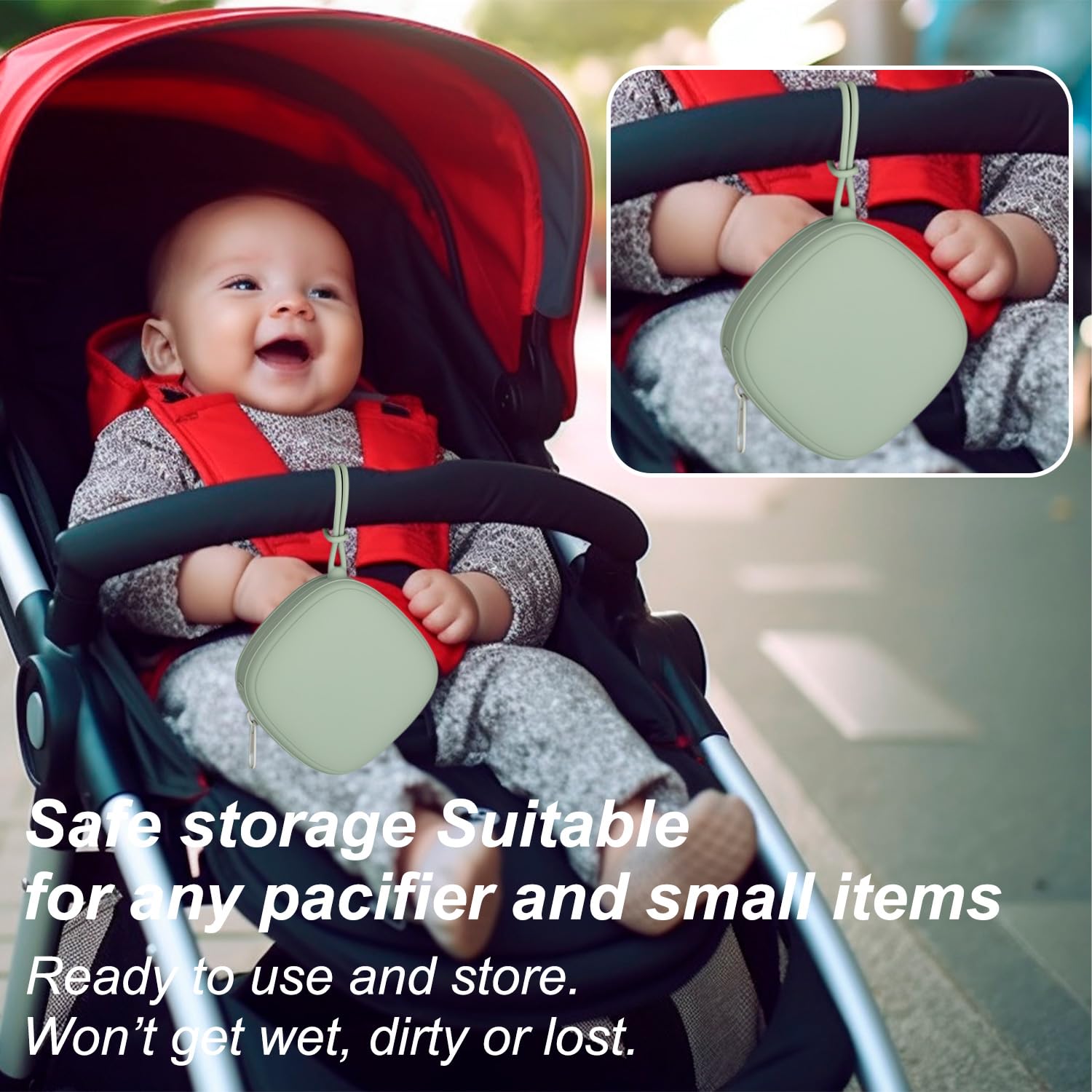 Swelive pacifier holder light grey on stroller — easily attachable for on-the-go