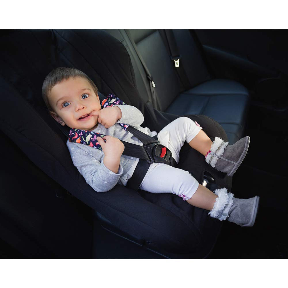 Two-pack includes two dinosaur car seat strap covers for twins.