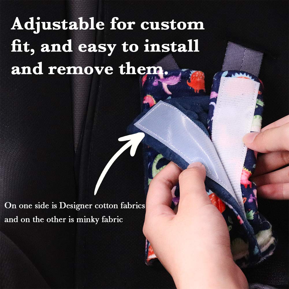 Adjustable dinosaur strap covers fit car belts securely for growing kids.