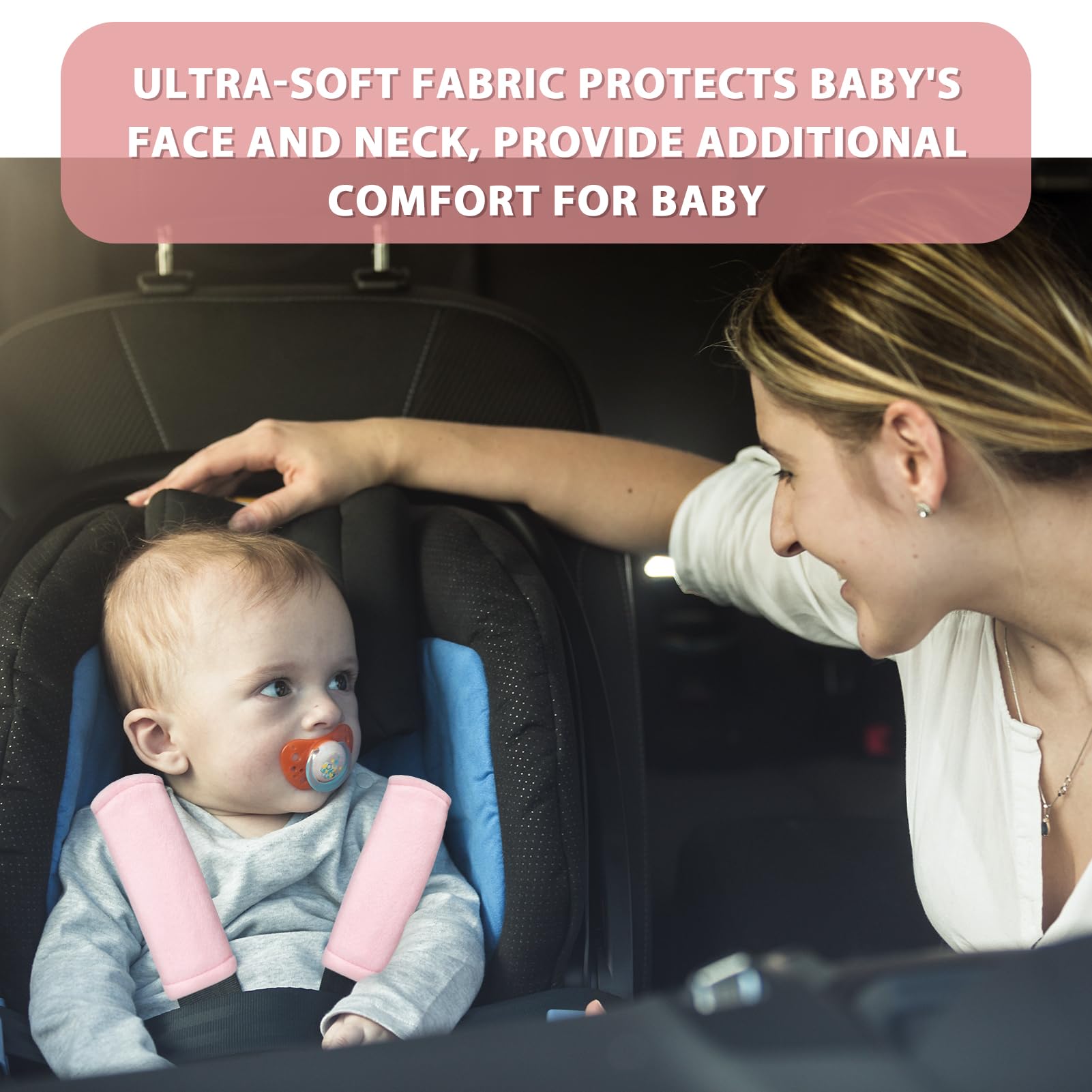 SWESEN reversible shoulder protectors on a car seat strap ready for daily use