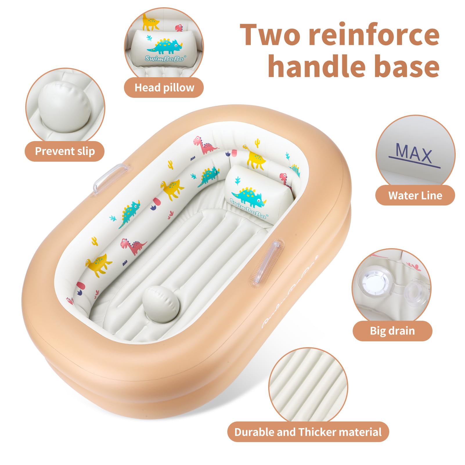 Swimbobo inflatable baby bathtub featuring fast pump inflation for quick setups.