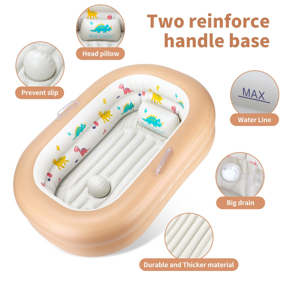 Swimbobo inflatable baby bathtub featuring fast pump inflation for quick setups.