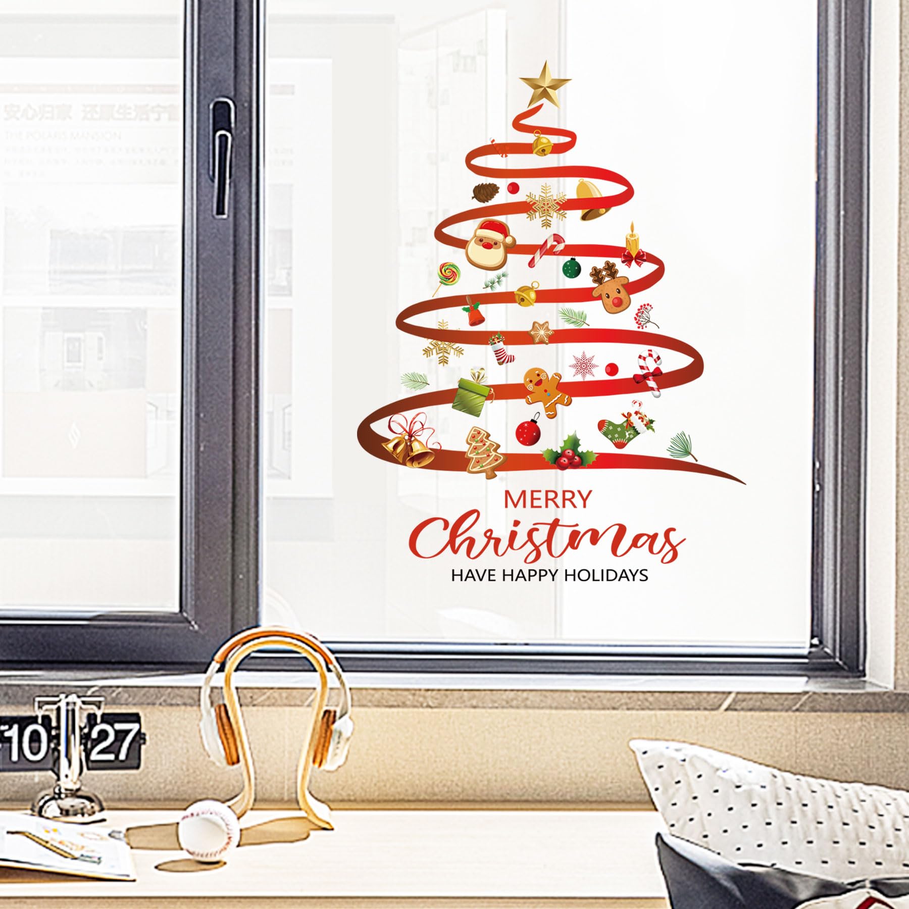SWORNA stockings and snowflakes decal creates whimsical decor accents on doors or mirrors.