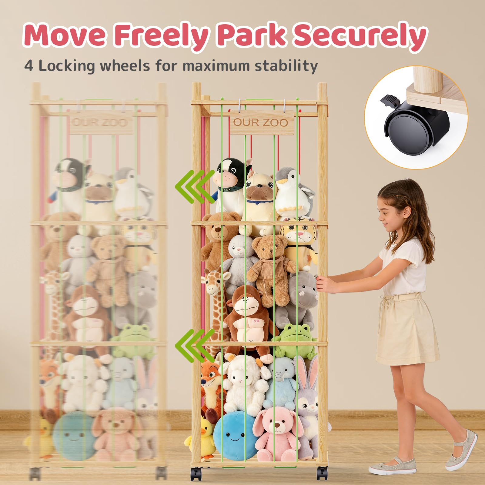 SWRSWR stuffed animal zoo four casters enable smooth room-to-room movement.