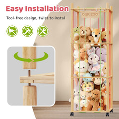 SWRSWR stuffed animal zoo hanging bag demonstrates 3-tier shelf for small plushies.