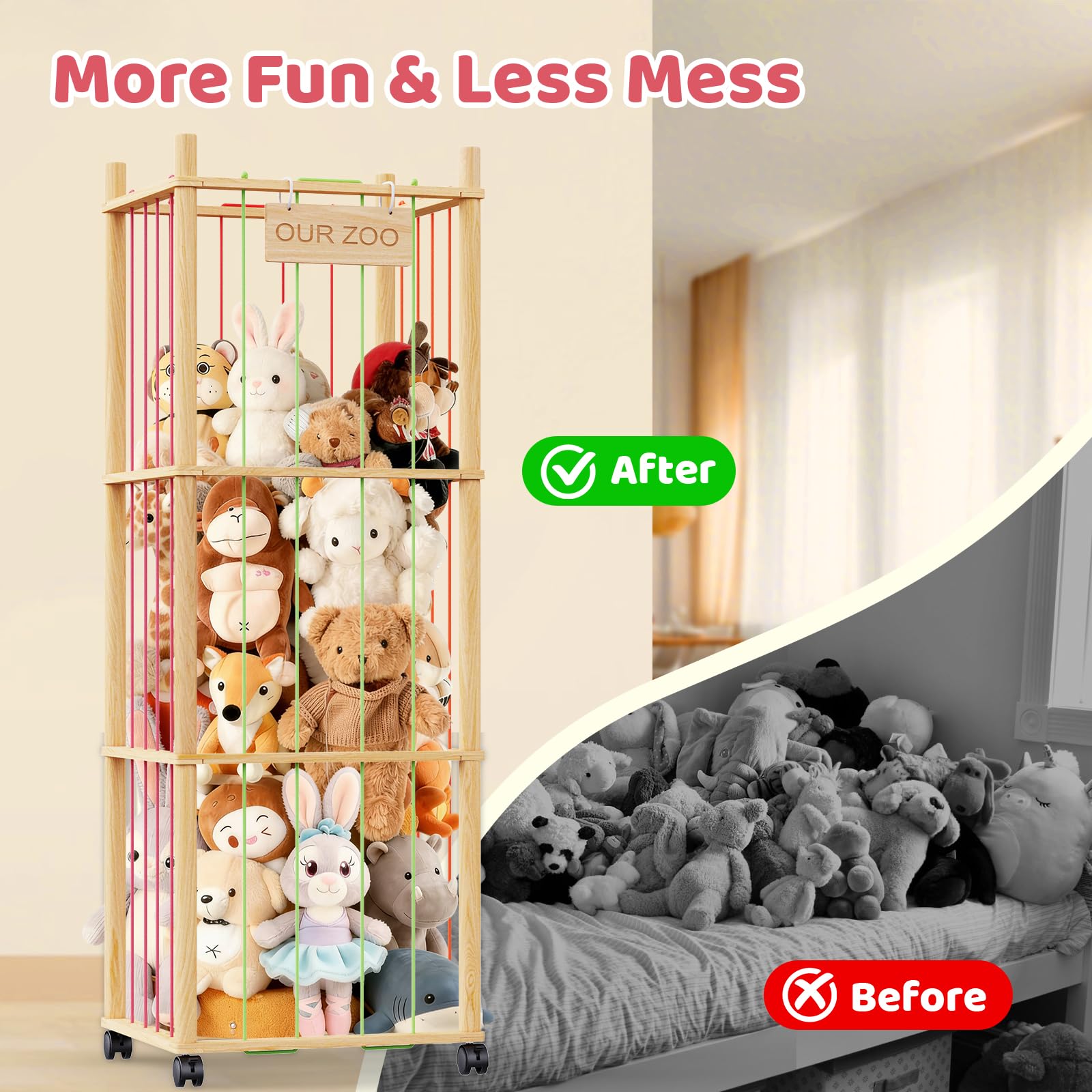 SWRSWR stuffed animal zoo top view emphasizes vertical storage efficiency and floor space saving.