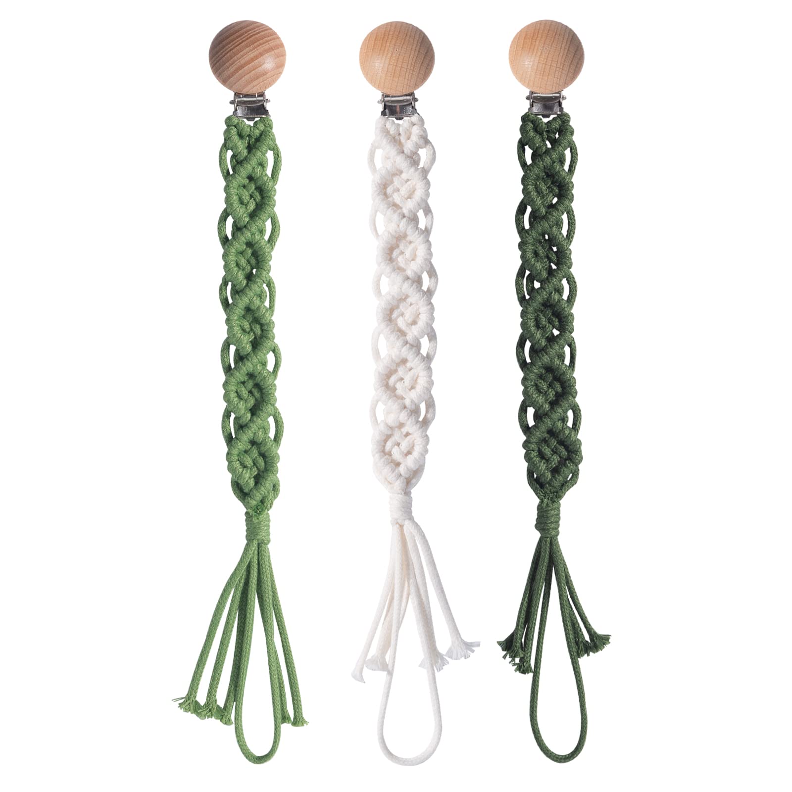 Symbolife boho pacifier clip with braided cotton and wooden clip keeps pacifier within reach.