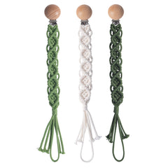Symbolife boho pacifier clip with braided cotton and wooden clip keeps pacifier within reach.