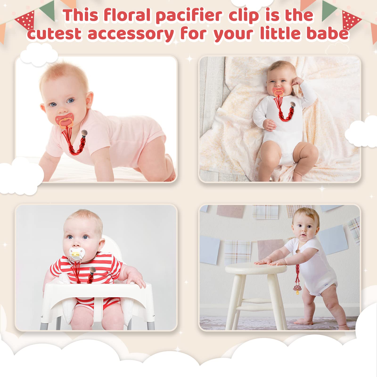 Symbolife clip attached to clothes and bibs to prevent pacifier loss.