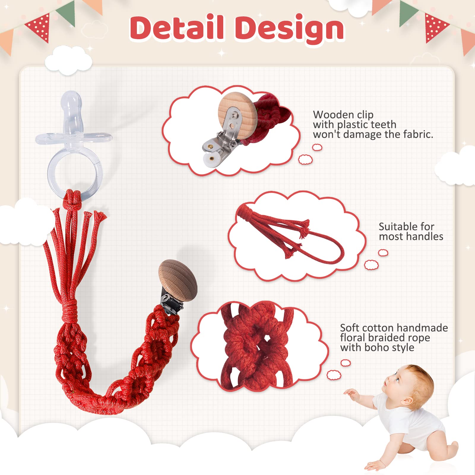 Symbolife pacifier clip features natural wooden clips for a stylish, sturdy grip.