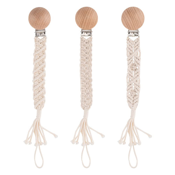 Symbolife boho pacifier clip with wooden teeth secures pacifier and protects clothing.