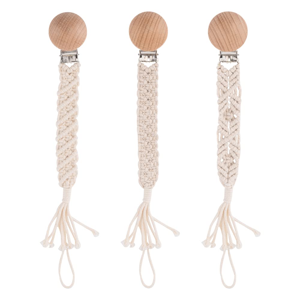 Symbolife boho pacifier clip with wooden teeth secures pacifier and protects clothing.