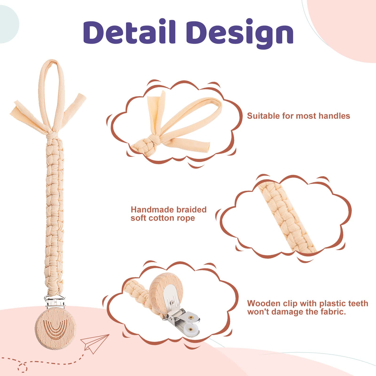 Symbolife braided cotton pacifier clip pattern with colorful fibers.