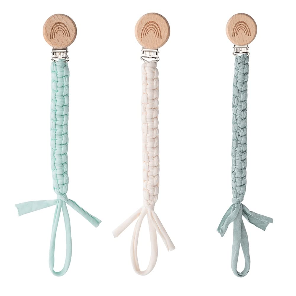 Symbolife pacifier clip with boho rainbow wooden clip keeps pacifiers within reach