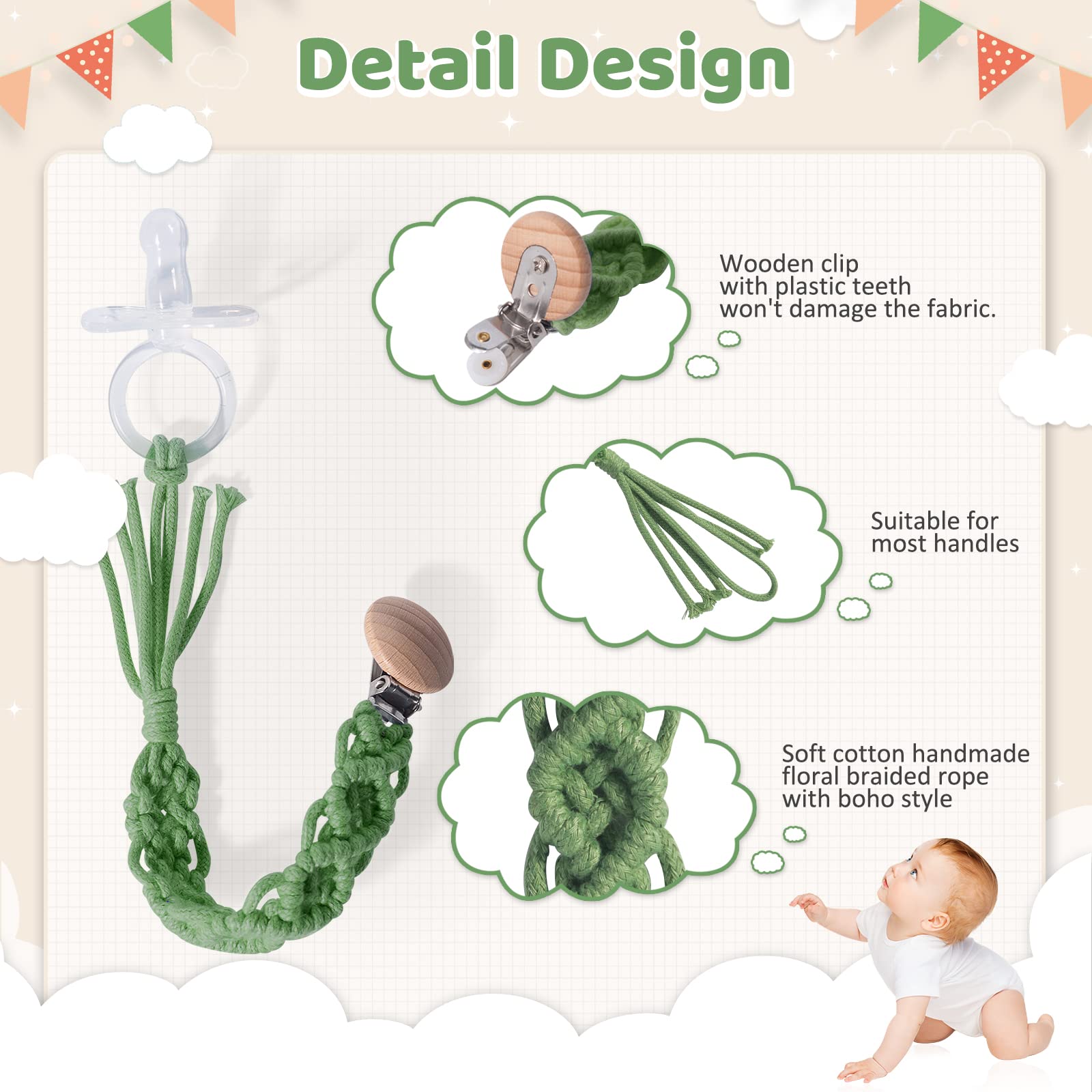 Symbolife pacifier clip braided pattern prevents drops and dirt on the floor.