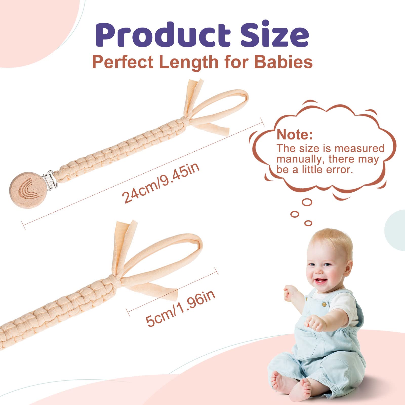 Symbolife pacifier clip hanging on stroller to prevent loss.