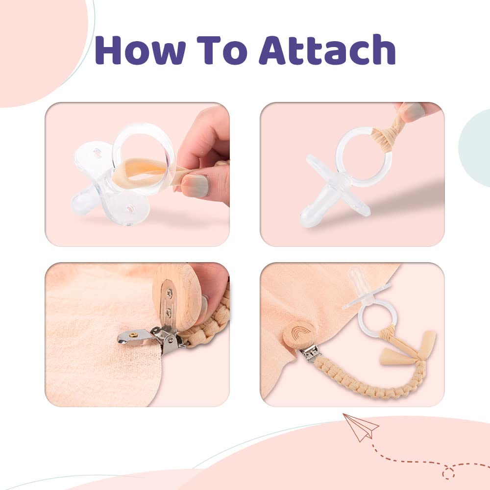 Symbolife pacifier clip attached to baby's clothes for secure access.