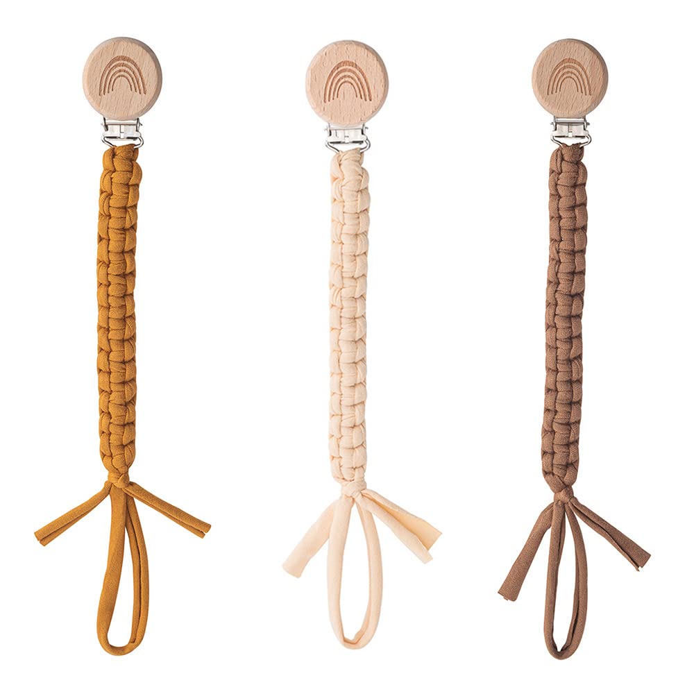 Symbolife pacifier clip close-up showing wooden teeth grip.