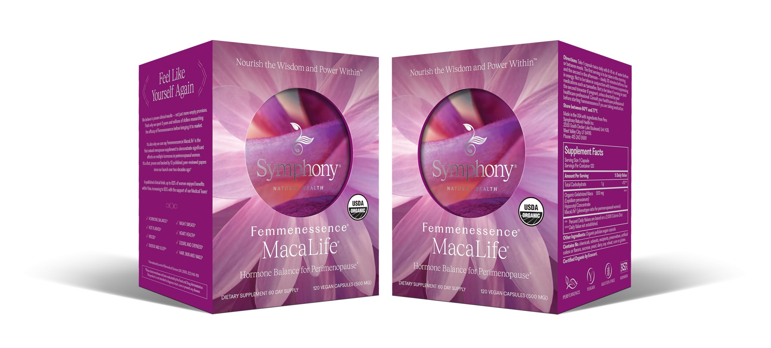 Symphony Natural Health Femmenessence MacaLife bottle ready for daily use to support balance.