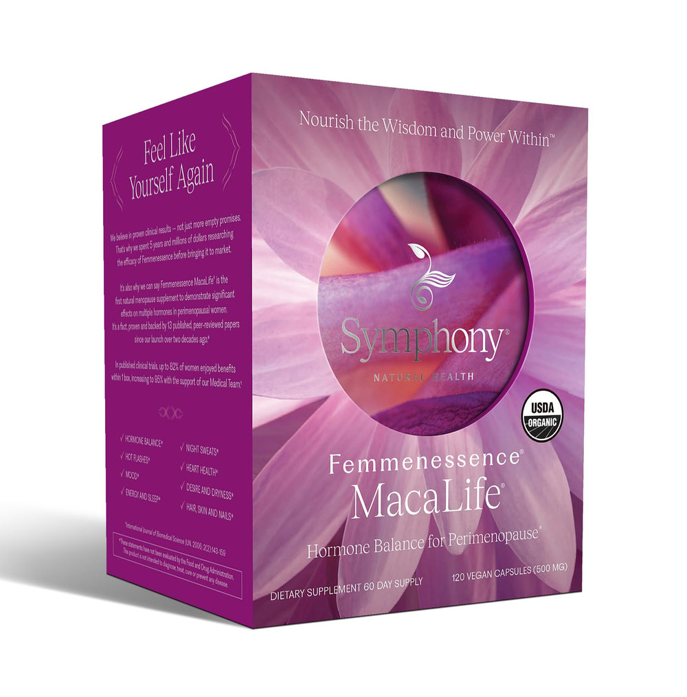 Front label of Femmenessence MacaLife highlights organic vegan formula for perimenopause support.