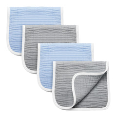 Synrroe burp cloths blue-grey four-pack flatlay showing absorbent protection during feeds