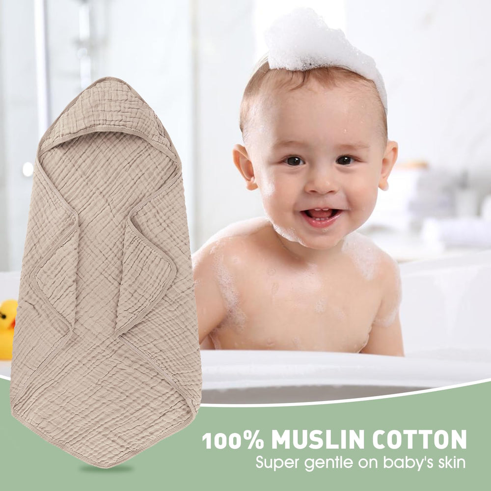 Synrroe hooded muslin baby towel brown—cozy head coverage after bath.