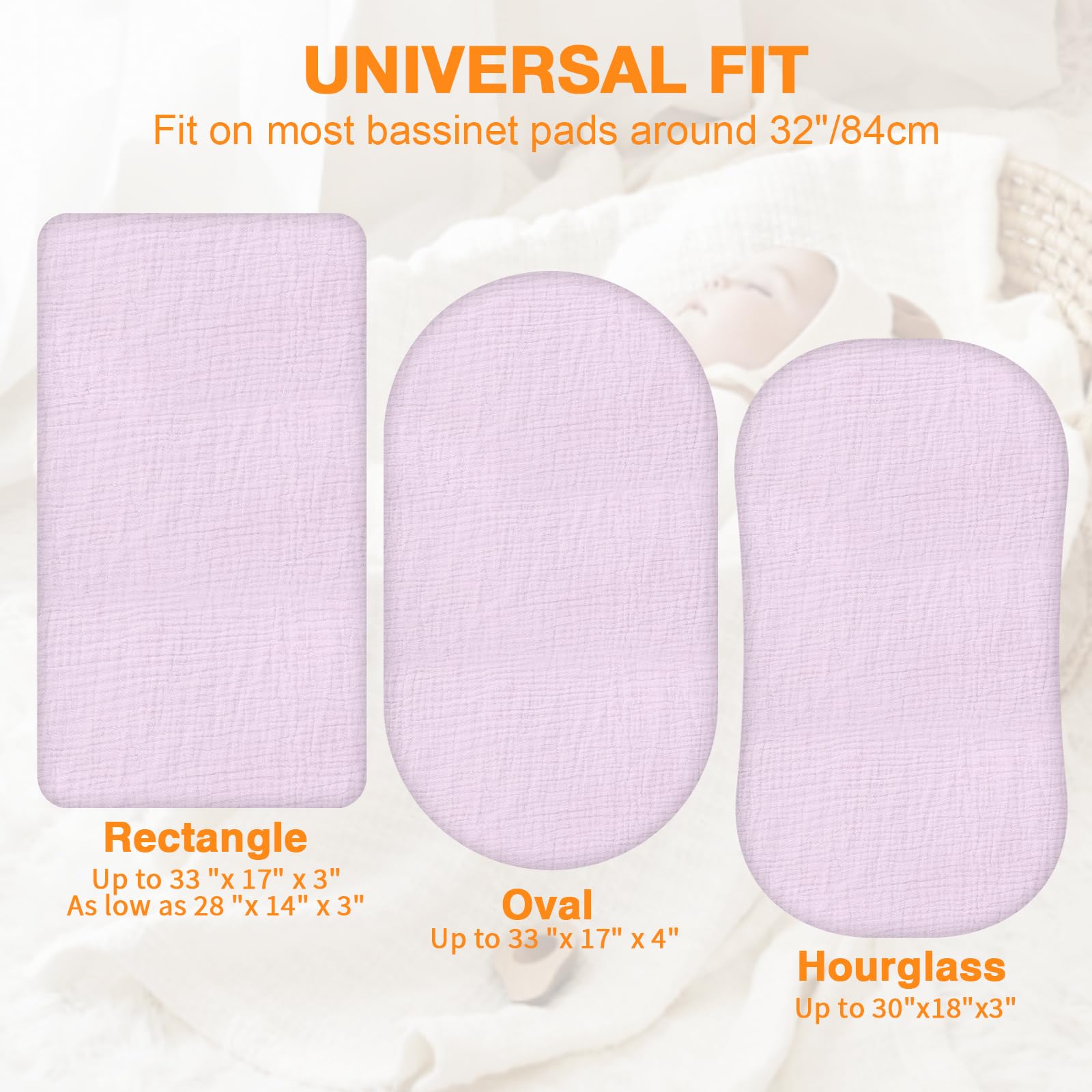 Synrroe purple muslin bassinet fitted sheet provides secure, snug fit.