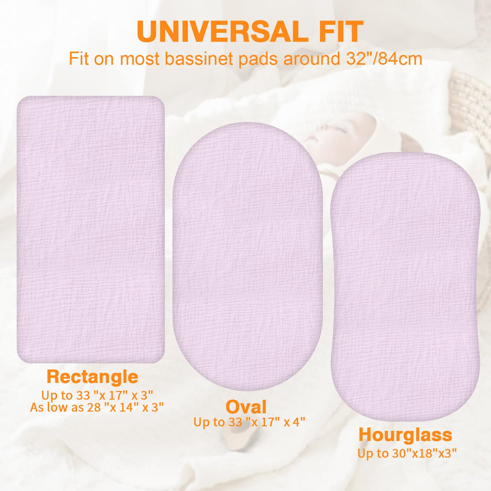 Synrroe purple muslin bassinet fitted sheet provides secure, snug fit.