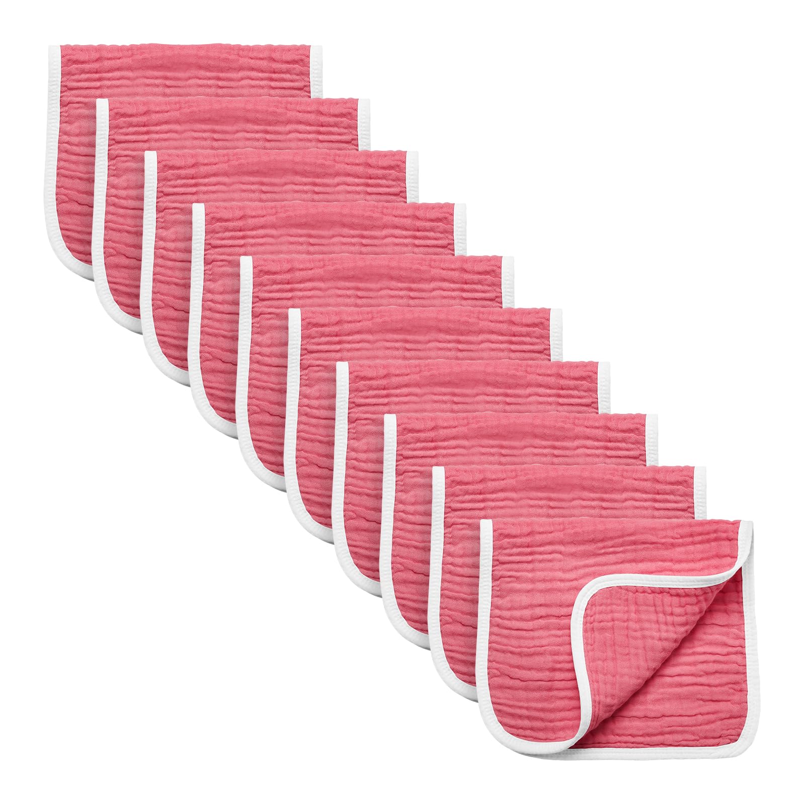 Synrroe Rose Red muslin burp cloths in a 10-pack showing six-layer absorbency for quick cleanups
