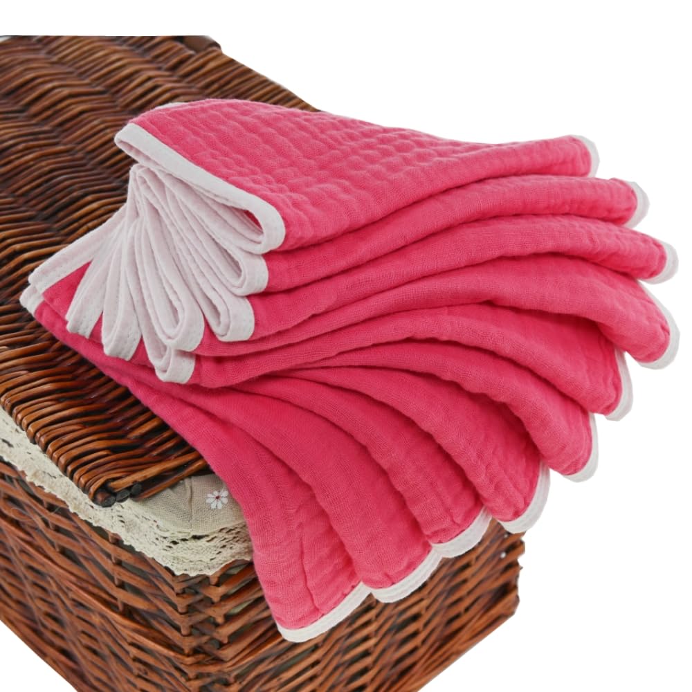 Ten-pack of Synrroe muslin burp cloths laid flat for everyday baby care