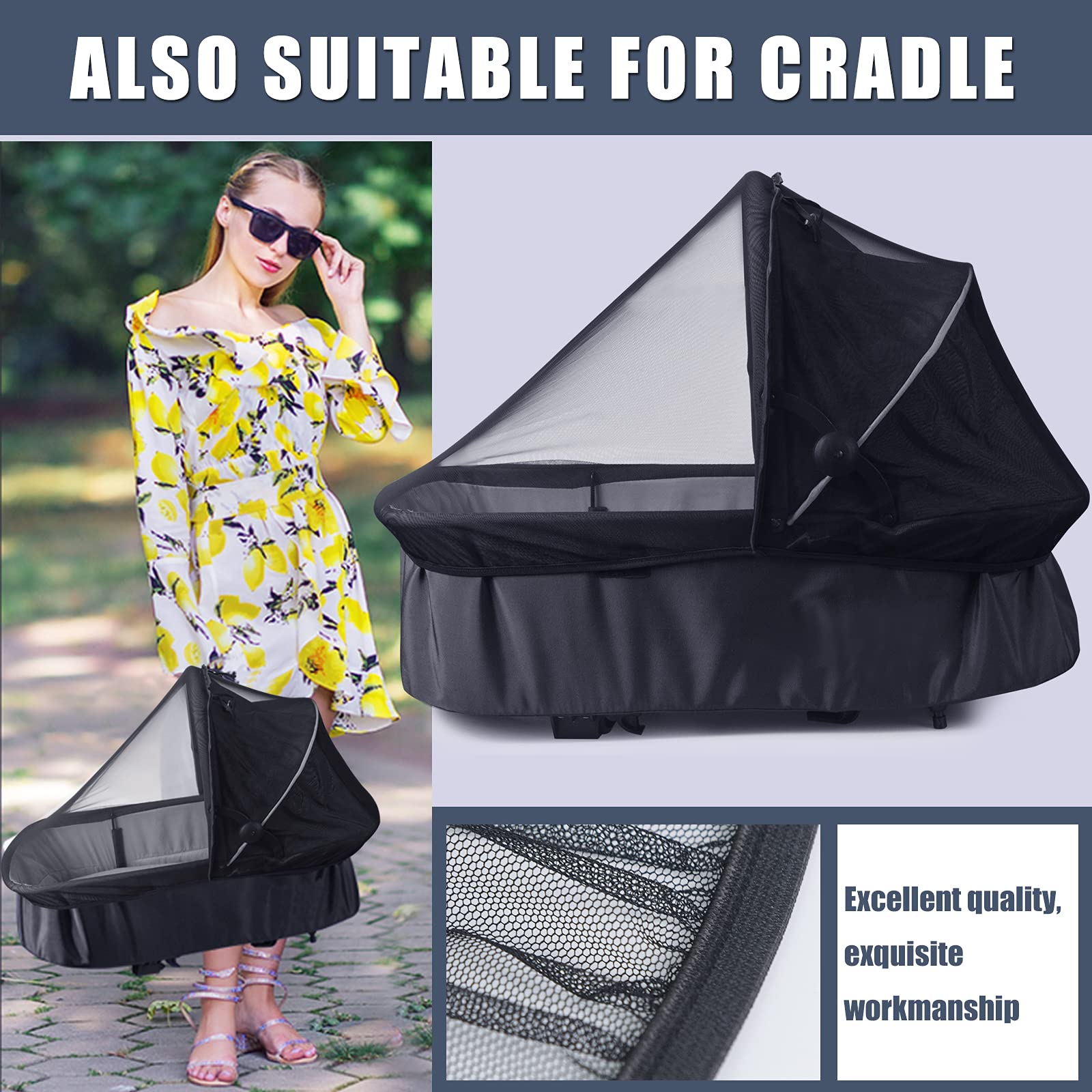 Outdoors scene with Sysmie net shielding baby during a park walk