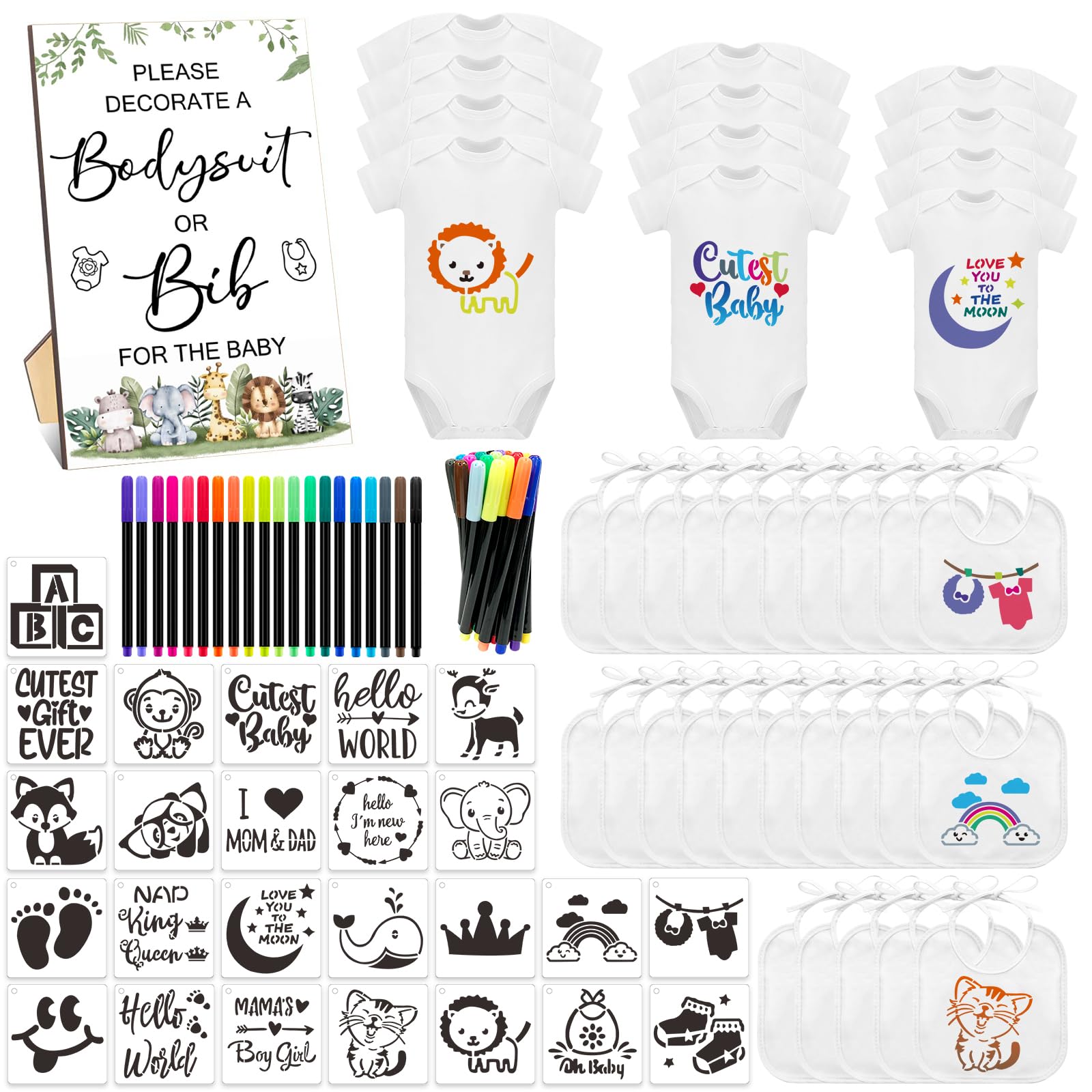 SytuHete 82-piece bib and bodysuit set with sign for DIY decorating fun