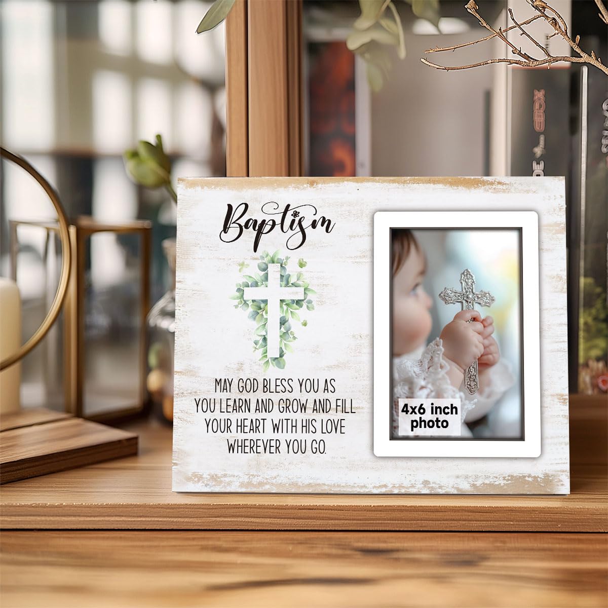 SZ-PengXin Baptism Frame holds a 4x6 photo securely under a clear cover.