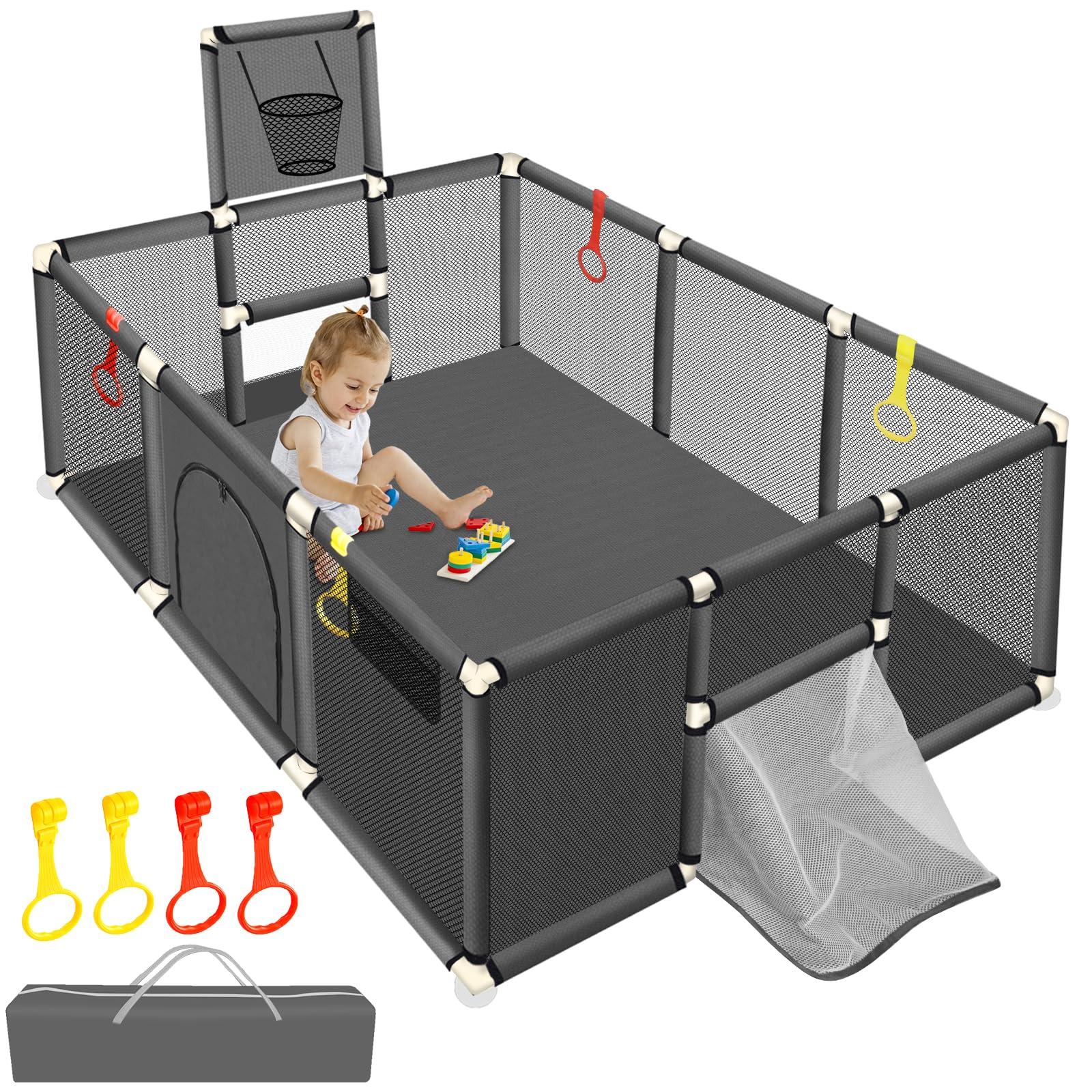 SZBOB large playpen with 74x50 inch outer dimensions for a roomy baby play area.
