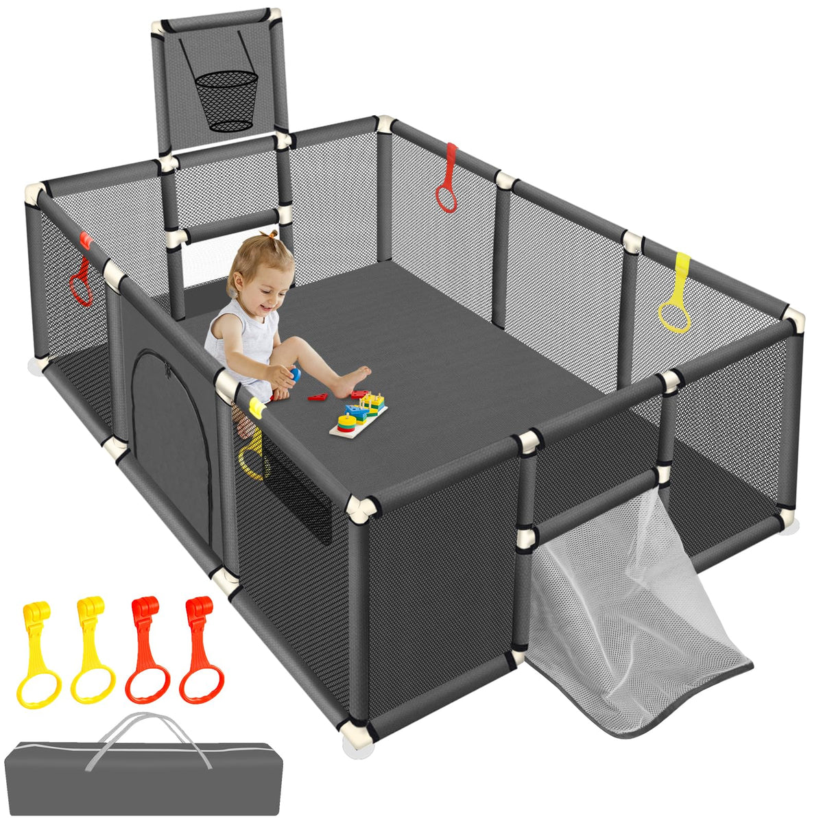SZBOB large playpen with 74x50 inch outer dimensions for a roomy baby play area.