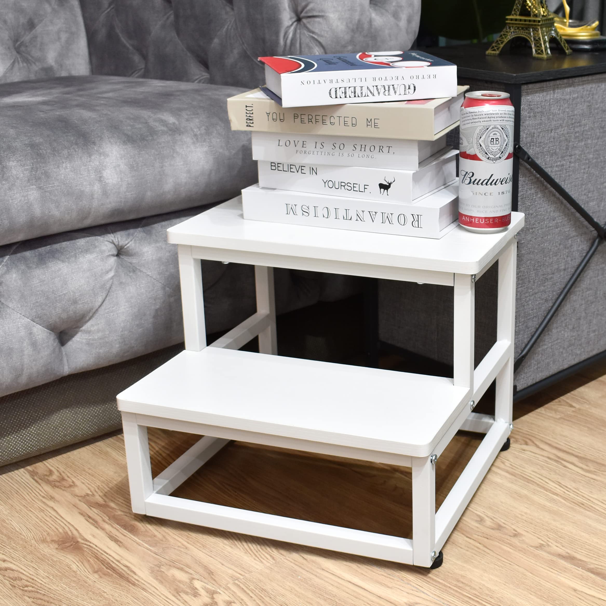 SZLHANJZ two-step stool with rounded corners for safe reaching.