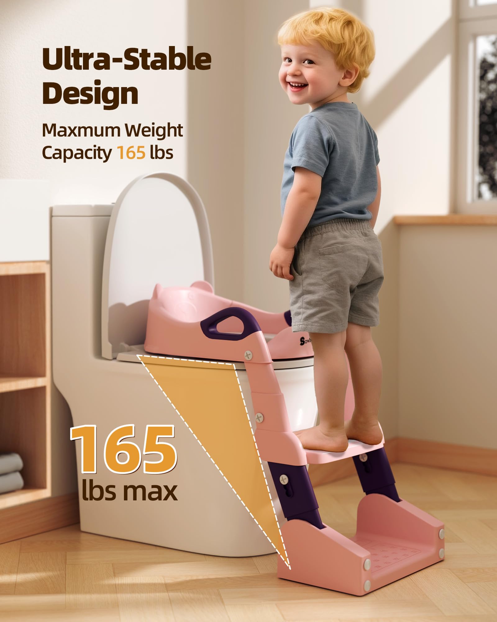 Szwbee foldable potty ladder shown beside a toilet for compact storage.