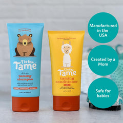 T is for Tame baby shampoo label closeup shows gentle, tear-free wash for sensitive scalps.