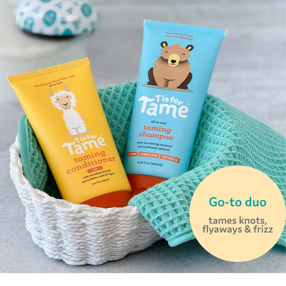 T is for Tame Taming Conditioner curls bottle highlights detangling and smooth hair care for curls.