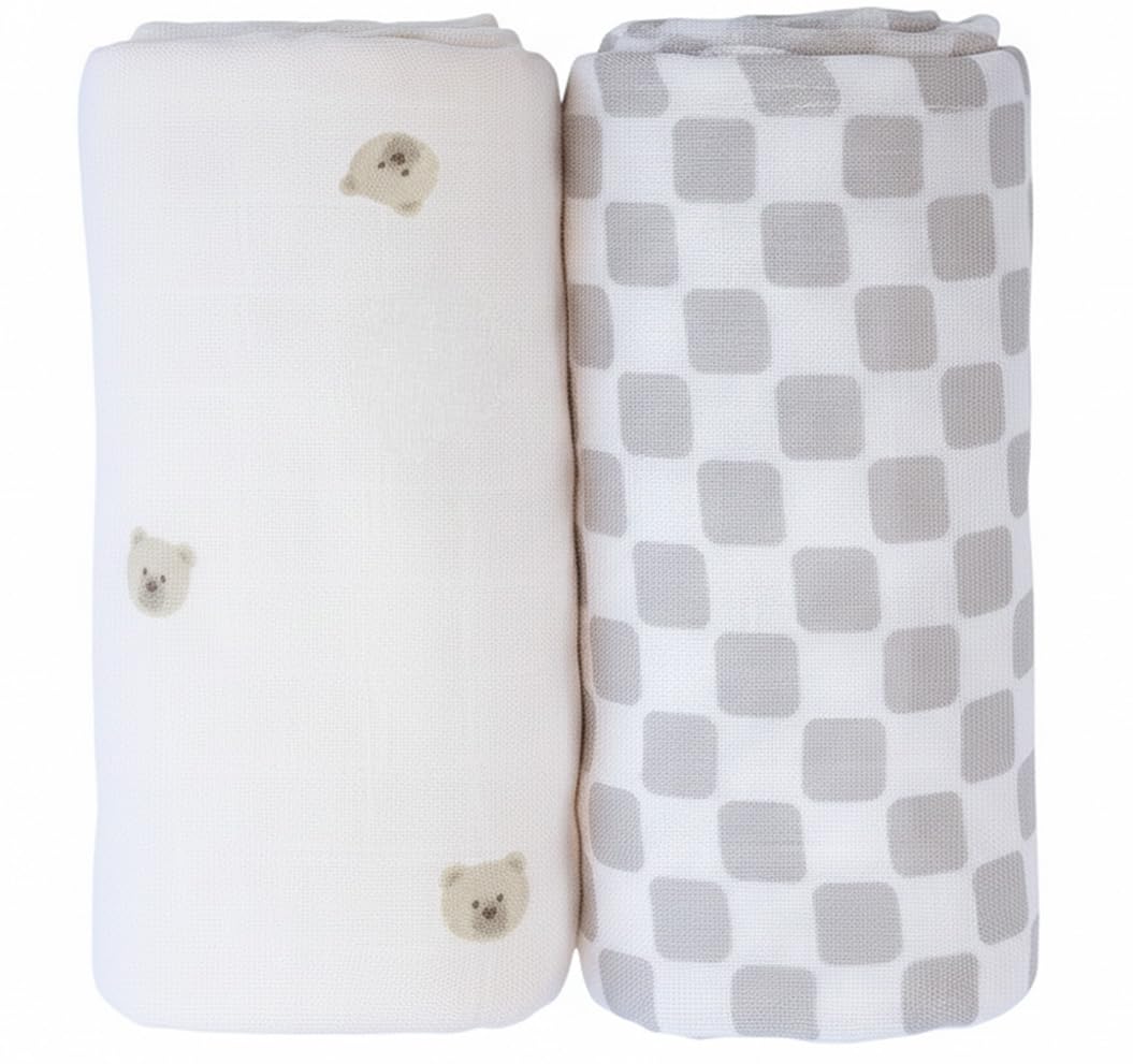 TAB Muslin Swaddle Blanket bears pattern spread for cozy bonding and gentle skin contact.